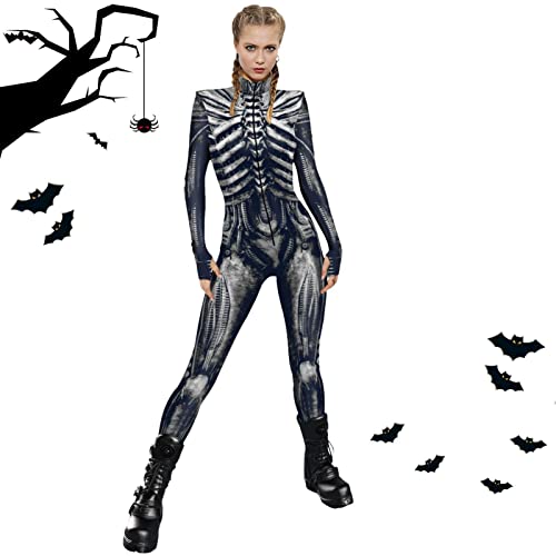 Skelett-Body – Bedruckter Cosplay-Body, Halloween-Overall | Damen 3D De Langarm Bodysuit Halloween Overall für Kostümparty, Mottoparty von Generic