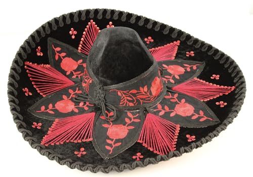 Sombrero Mariachi Hut BLUMEN Stickerei in schwarz und rot Farbkombianation aus Mexiko in M Größe von Generic