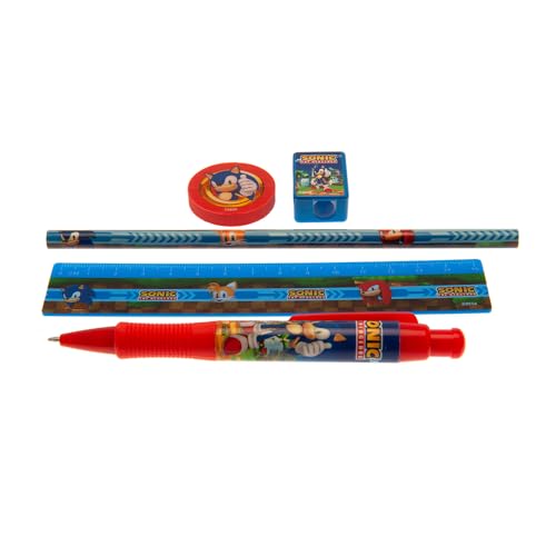 Sonic the Hedgehog Schreibwaren Set, 5-teilig (Sonic der Igel) Etui mit Kugelschreiber, Bleistift, Radierer, Anspitzer, Lineal - Offizielles Lizenzprodukt von Generic