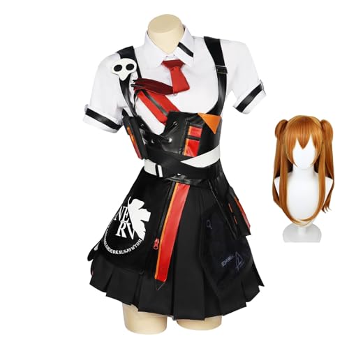 Spiel Asuka Langley Soryu Cosplay Kostüm Shirt Rock Outfit Perücke Halloween Karneval Party Frau Halloween Kostüm (Black+wig,S) von Generic