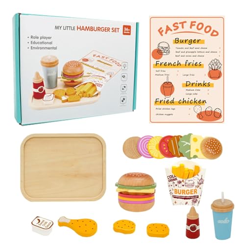 Spiel-Essen-Set für Kinderküche, Holz-Fast-Food-Spielzeug-Set, Burger, Pommes Frites, Brathähnchen, Getränke Pretend Hamburger Set, Burger, Pommes frites, gebratenes Huhn, Getränke, Spielzeuglebensmit von Generic