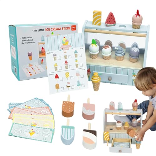 Spielen Sie Eiscreme-Set für Kinder,Kinder-Eiscreme-Spielset, Hölzerne Kinderküchen-Eiscremespielzeuge, Eisdielen-Spielzeug-Simulations-Eiscreme-Spielzeugset, Kinder-Eiscreme-Spielset für und Mädchen von Generic