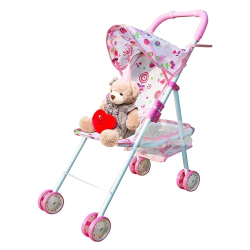 Spielzeug-Kinderwagen – Kinder-Laufwagen | Zusammenklappbarer Kinder-Kinderwagen mit Korb unten, interaktiver Baby-Puppen-Kinderwagen, Lauflernwagen für Mädchen ab 3 Jahren von Generic