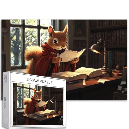 Squirrel Wizard Puzzle für Erwachsene, Eichhörnchen, Lernen, alte Bücher, Kunstpuzzle, anspruchsvolle Familienaktivitäten, buntes Bastelpuzzle für Heimdekoration, Geschenke, 68 x 50 cm, 1000 Teile von Generic