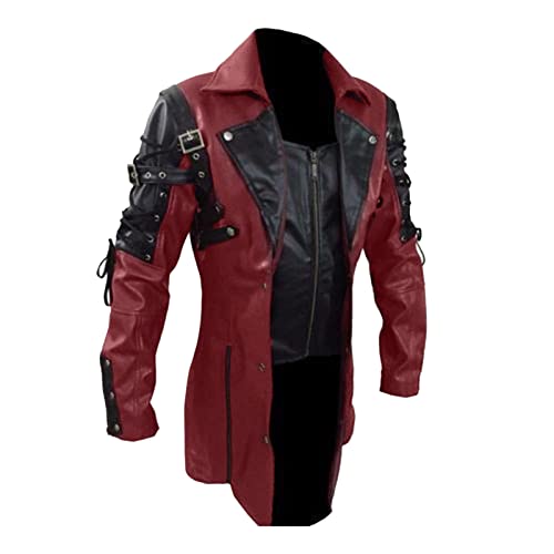 Steampunk Lederjacke Herren Gothic Motorrad Jacke Vintage Mittelalter Punk Lederjacke Herbst Winter Reißverschluss Mantel Halloween Karneval Kostüm von Generic