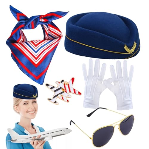 Stewardess-Hut | Stewardess Kostüm Damen - Flugzeug-Brosche, Stewardess Hut | Stewardess Kostüm Damen | Für Handschuhe Flugzeug Brosche Sonnenbrille Barett Blau Rot Weiß Gestreifter von Generic