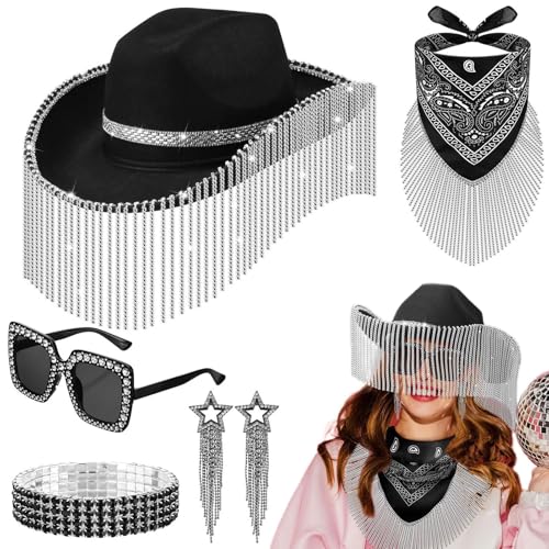 Strass Cowgirl Hut,Strass Cowboy Hut Set,5X glitzerndes Cowgirl-Hut-Set | Sonnenbrille Bling Armband Quaste Ohrringe Bandana Set, Cosplay Zubehör für Frauen Cosplay Halloween von Generic