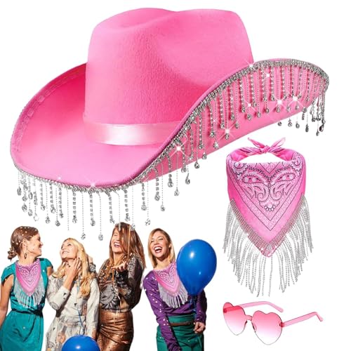 Strass-Quasten-Cowboyhut – Cowgirl-Hüte-Set, Herz-Brillenhut, Partyhut | Western-Cowboyhut mit Herzbrille, Cowgirl-Schal-Set für Junggesellenabschied, Kostüme, Damenfarbe Weiß von Generic