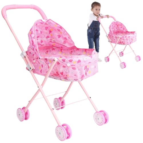 Tadoiooy Puppenwagen Liebes Herzmuster Falten Babypuppenwagen mit Push -Handle und Verstellbarer Schatten abnehmbar tragbarer Stabiler Babypuppenkameraden für Mädchen von Generic