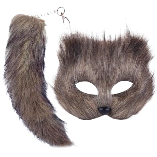 Animal M-ask and Tail Set for Girls, Furry Ma-sk & Long Fo-x Tail, Halloween Cat Ma-sk Tail, Cosplay Fo-x Ma-sk Wolf Tail von Generic