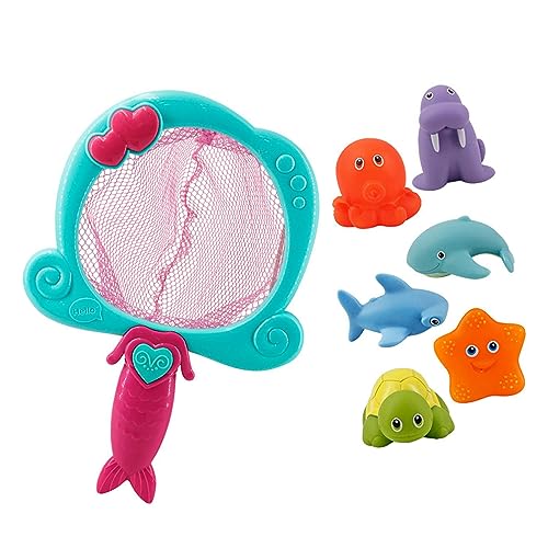 Tiere Badewanne Spielzeug, Tierbad Spielzeug BB Squeaker Schöne Helle Farbe Tragbarer Safe für Strandparty (Blaues Angelnetz mit 6 Tier) von Generic