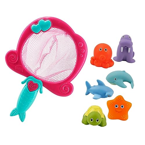 Tiere Badewanne Spielzeug, Tierbad Spielzeug BB Squeaker Schöne Helle Farbe Tragbarer Safe für Strandparty (Rotes Angelnetz mit 6 Tier) von Generic