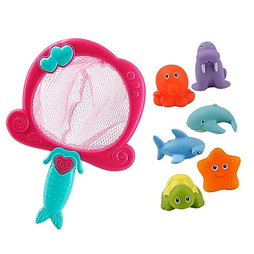 Tiere Badewanne Spielzeug, Tierbad Spielzeug BB Squeaker Schöne Helle Farbe Tragbarer Safe für Strandparty (Rotes Angelnetz mit 6 Tier) von Generic