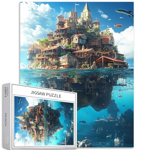 Underwater Island Village Puzzle für Erwachsene, Motiv: Ozean, Stadt, Kunstpuzzle, anspruchsvolle Familienaktivitäten, buntes Bastelpuzzle für Heimdekoration, Geschenke, 50 x 70 cm, 1000 Teile von Generic