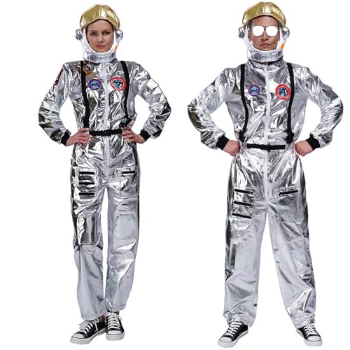 Unisex Astronaut Kostüm Herren Damen Silber Astronaut Overall + Hut Space Anzug Faschingskostüme Damen Karneval Weltall Astronauten Kostüm Herren Erwachsene Damen Raumfahrer Universum Costume von Generic