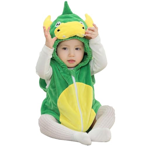 Unisex Baby Tier Kostüm Ärmellos Overall Für Kinder Baby Hoodie Strampler Flanell Bodysuit Karikatur Halloween Kostüme Plüsch Jumpsuit Halloween Karneval Cosplay Kostüm Winter (Green, 6-12 Months) von Generic