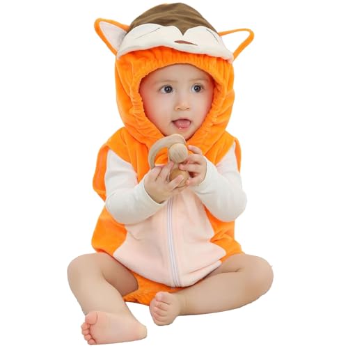 Unisex Baby Tier Kostüm Ärmellos Overall Für Kinder Baby Hoodie Strampler Flanell Bodysuit Karikatur Halloween Kostüme Plüsch Jumpsuit Halloween Karneval Cosplay Kostüm Winter (Orange, 6-12 Months) von Generic