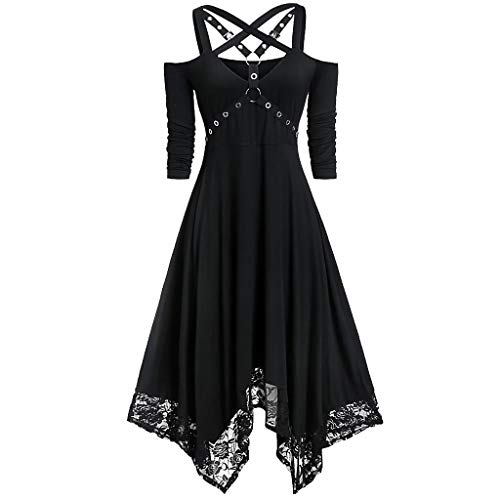 Vintage Mittelalter Kleidung Damen, Renaissance Kleid Halbarm Gothic Kleider Damen Off Shoulder Teufel Vampir Kostüm Spitze Midikleid Festlich Cosplay für Halloween Karneval Abendkleider von Generic