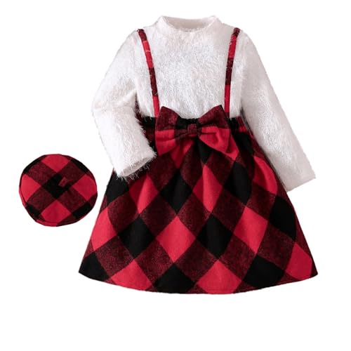 Weihnachten Kinder wojonifuiliy01 Cosplay-Overall Mädchen Röcke Outfit gerippte Langarmshirts Plaid Muster Rock Baskenmütze Baby Winter Kleidung Christmas (White, 3-4 Years) von Generic