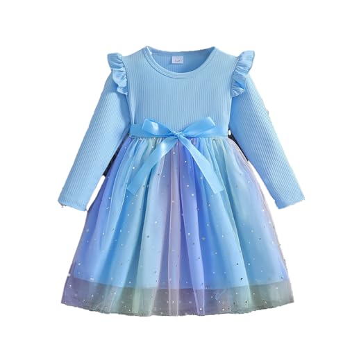 Weihnachts Kinder wojonifuiliy01 Strampler Baby Mädchen Langarm Bogen Kleid 2024 Kleine Mädchen Weihnachten Kleid Prinzessin Kleid Christmas (Blue, 2-3 Years) von Generic