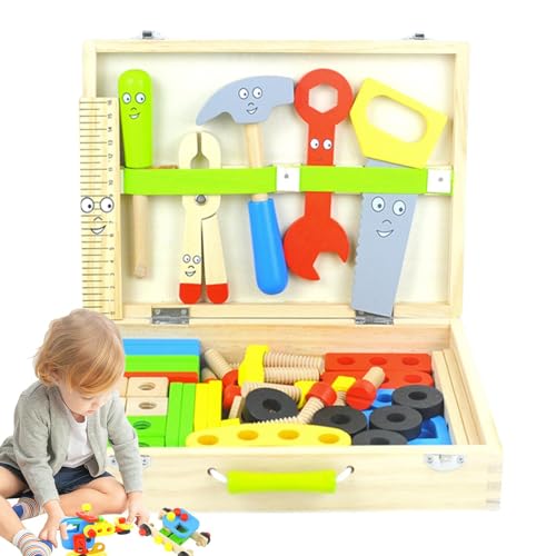 Werkzeugset für Kinder, Werkzeugset aus Holz | 69-teiliges Werkbank-Set mit Cartoon-Werkzeugen | Tragbares Konstruktionsspielzeug für das Stammlernen, pädagogisches Kinder-Werkzeugset für Kleinkinder, von Generic