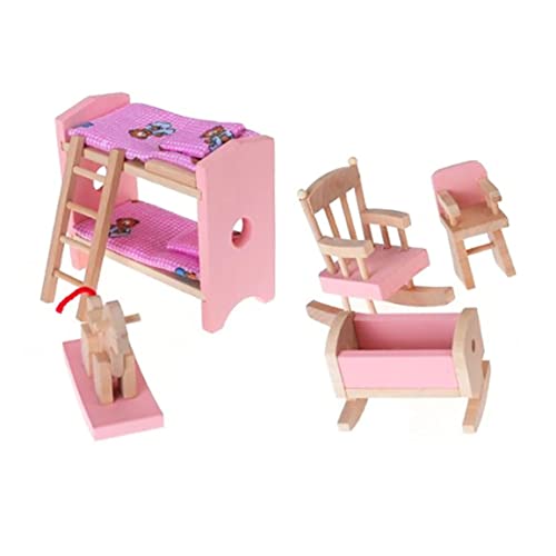 Wichtel Zubehör, Puppenzubehör, Puppenhausmöbel Mini Rosy Niedliche Puppenhausmöbel aus Holz, inklusive Etagenbett, Stuhl und Schaukelpferd, Puppenhauszubehör für Kinder im Alter von 7–14 Jahren von Generic