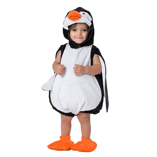 Winter Overall Pinguin Kostüm Baby Hoodie Strampler Flanell Bodysuit Karikatur Halloween Kostüme Niedlich Kinder Strampler Plüsch Cosplay Tier Bodysuit Halloween Karneval Cosplay (Black, 3-6 Months) von Generic