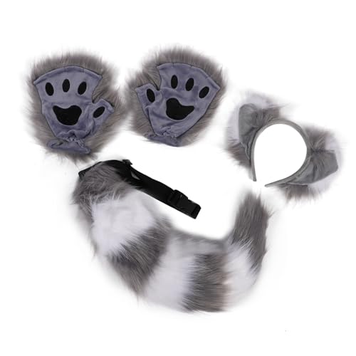 Wolf Ears Tail Claw Set, Premium-Materialien, Verstellbar, Lebensechtes Aussehen für Cosplay-Kostümpartys aus Kunstfuchspelz (Grau-weiß) von Generic