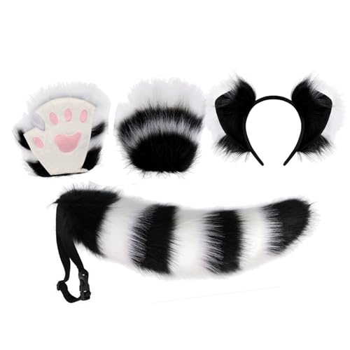 Wolf Ears Tail Claw Set, Premium-Materialien, Verstellbar, Lebensechtes Aussehen für Cosplay-Kostümpartys aus Kunstfuchspelz (Schwarz-Weiss) von Generic