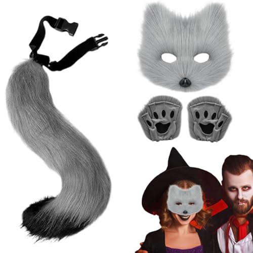 Wolfs-Kostüm, Wolfsschwanz und Ohren, Set mit Handschuhen und Schwänzen, Katzenkostüm, Cosplay mit Fell, weich und realistisch, für Kostümpartys von Generic