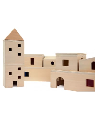 Genérico Holzdorf mit durchsichtigen Fenstern, 13 Teile, Basis 20 x 10 x 6 cm, pädagogisches Spielzeug für Lichttisch von Genérico