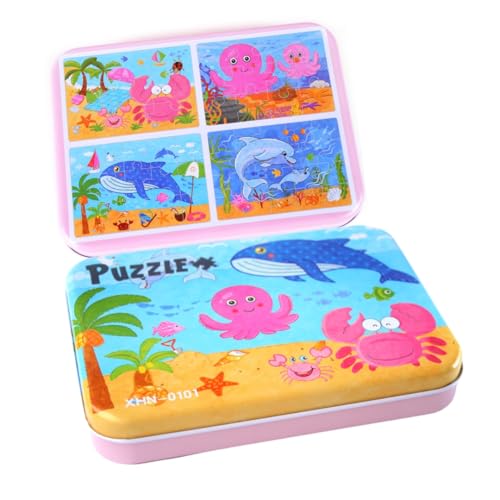 Holzpuzzle für Kinder, 4 Puzzles in 1, 56 Teile, kognitive pädagognitive Puzzle, Vorschule, Kindergarten, Meerestiere von Genérico