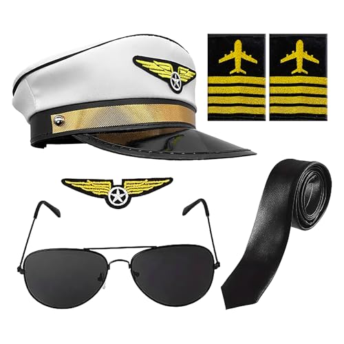 Kapitän der Fluggesellschaft Kapitän – 5 Stück Kinder Pilot Cosplay Zubehör Set | Kapitän der Fluggesellschaft Kostüm Set mit Flieger-Sonnenbrille | Kostümzubehör Kapitän der Fluggesellschaft Kapitän – 5 Stück Kinder Pilot Cosplay Zubehör Set | Kapitän der Fluggesellschaft Kostüm Set mit Flieger-Sonnenbrille | Kostümzubehör von Genérico