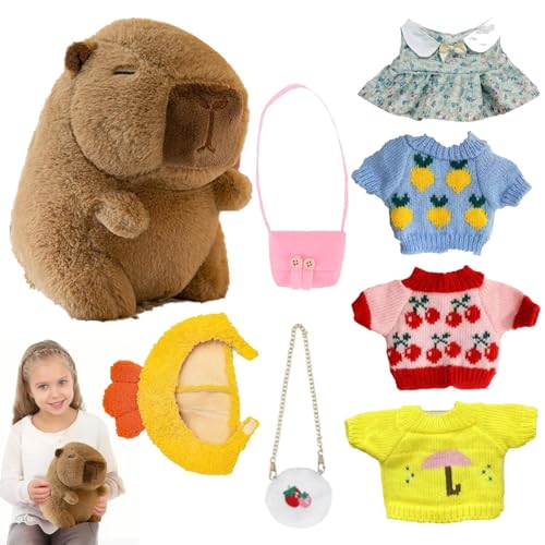 Capybara Plüschtier Capybara | Plüschtier Capybara mit Outfits, Capybara mit Kopfbedeckung, 4 Kleidung und Zubehör, Plüschtier 25 cm für Nachttisch, C von Générique