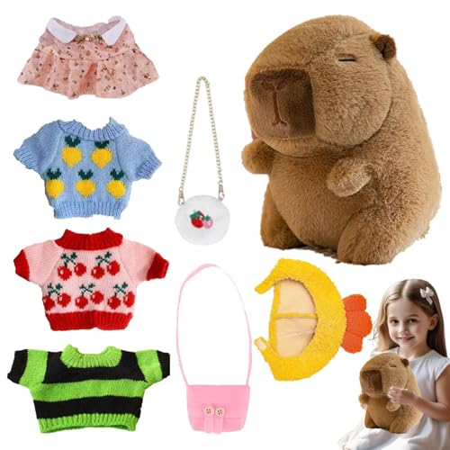 Capybara Plüschtier Capybara | Plüschtier Capybara mit Outfits, Capybara mit Kopfbedeckung, 4 Kleidung und Zubehör, Plüschtier 25 cm für Nachttisch, C von Générique