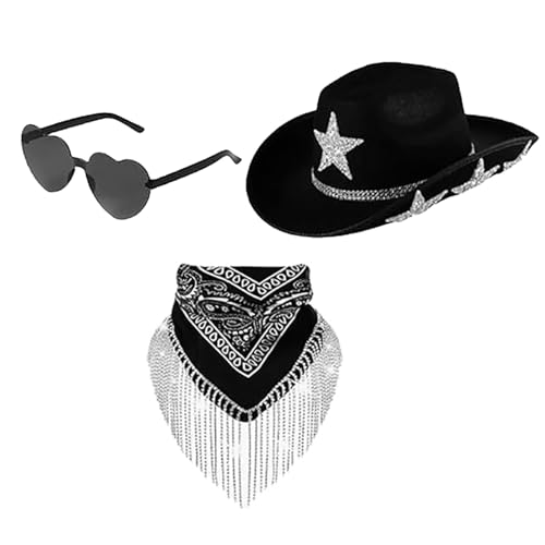 Cowboyhut Stern aus Strass, Cowgirl-Hut mit Pailletten Strass | Cowboyhut mit glitzernden Sternen für Männer und Frauen, 3-teilig, Sonnenbrille, Bandana | Cowghut von Générique