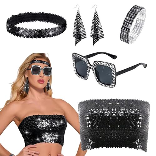 Disco Zubehör für Damen, 70er Jahre Disco Zubehör, Vintage Damen Y2K | Vielseitige Partygeschenke, 5-teilig, mit röhrenförmigem Oberteil, Ohrringe, Sonnenbrille, Band von Générique