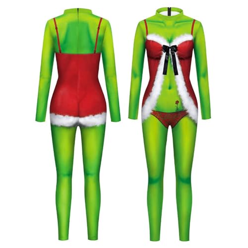 Générique 2024 Neues Weihnachtskostüm für Damen Grinch Cos Kostüm Performance auf der Bühne enger Overall, Kostüm Einteiler Rollenspiel, Weihnachtskleidung, Overall für Damen von Générique