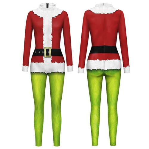 Générique 2024 Neues Weihnachtskostüm für Damen Grinch Cos Kostüm Performance auf der Bühne enger Overall, Kostüm Einteiler Rollenspiel, Weihnachtskleidung, Overall für Damen von Générique