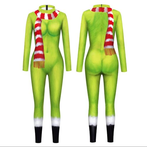 Générique 2024 Neues Weihnachtskostüm für Damen Grinch Cos Kostüm Performance auf der Bühne enger Overall, Kostüm Einteiler Rollenspiel, Weihnachtskleidung, Overall für Damen von Générique