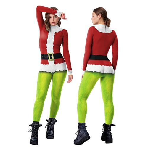 Générique 2024 Neues Weihnachtskostüm für Damen Grinch Cos Kostüm Performance auf der Bühne enger Overall, Kostüm Einteiler Rollenspiel, Weihnachtskleidung, Overall für Damen von Générique