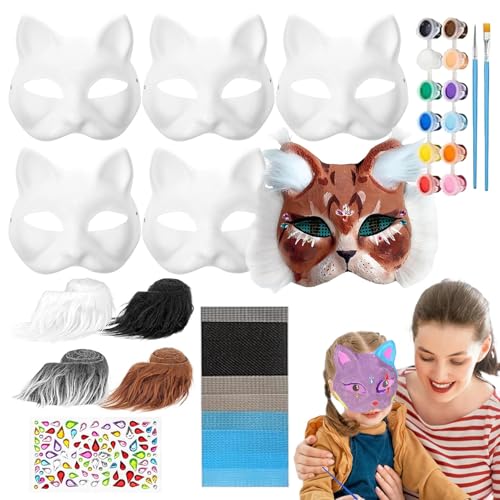 Générique Bemalbare Katzengesichtsabdeckung, Masquerade Cat Face Cover, 6 Blank Cat Face Covers, Craftable Cat Face Cover, bemalbar Kostüm Face Cover, Tierkleid Cover mit Mesh zum Masquerade von Générique