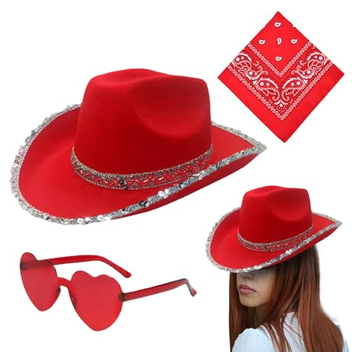 Générique Cowgirl Kostüm für Damen, modisch, Cowboy-Hut mit Herzglas und Bandana, 3 Stück, Cowgirl-Hut mit Herzglas, Bandana, Festival-Party-Zubehör für Karneval, 30,9 x 14 cm von Générique