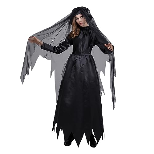 Générique Damen Halloween Rollenspiel Kostüme Gothic Mittelalter Hexenkostüme Dreiteiliges Set Himbeerkleid (Schwarz, S) von Générique