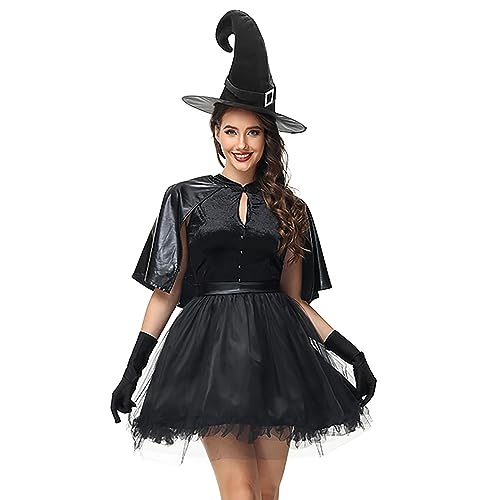 Générique Halloween-Rollenspiel Kostüme für Frauen Mittelalterliche Hexenkostüme Gothic Vierteiliges Set Pullover Kleid (Schwarz, L) von Générique