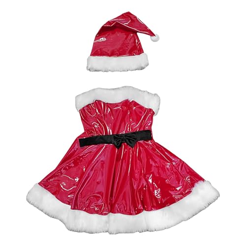 Générique Santa Kostüm Damen | Leder Weihnachten Outfit | Schwarzer Gürtel | Holiday Cosplay Wear, Christmas Atre, Festliche Lederkostüm, Damen Christmas Fashion, PU-Leder Kleid von Générique