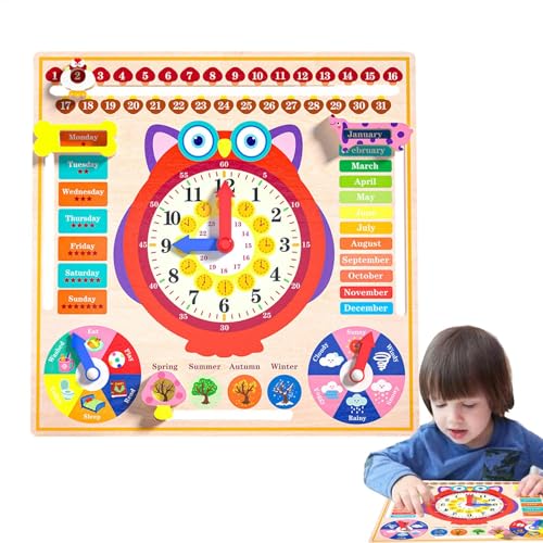 Générique Toddler Clock Learning Time, Owl Calendar Clock Toy, Kinder, Kalenderklötze, Holzspielzeug, Lernzeit, Aktivitätsset, Season Date Cognitive Learning Games für Kinder, 40 x 40 cm von Générique