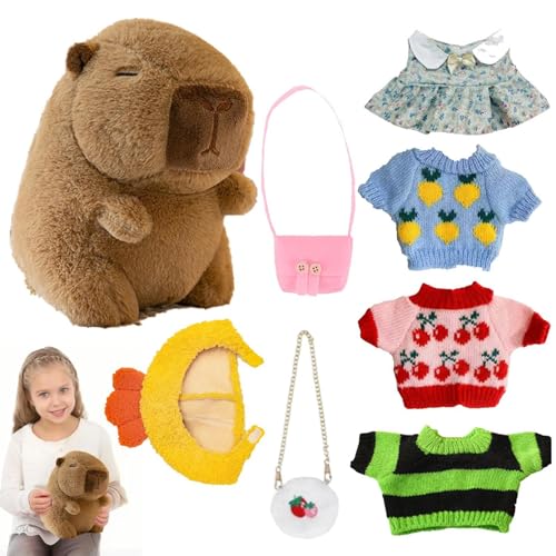 Générique Weiches Spielzeug, Capybara-Plüschtier, Plüsch-Spielzeug für Kinder, Winter Tierspielzeug, Festival-Puppenspielzeug, mit 4 Kleidungsstücken & Zubehör, 25 cm, für Kinder und Erwachsene, Farbe von Générique