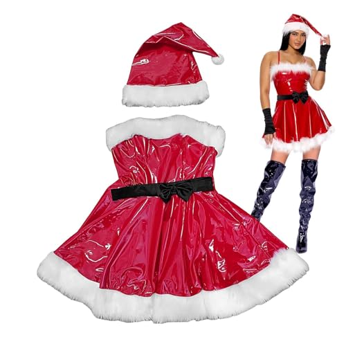 Générique Weihnachtsmannkleid für Damen, Weihnachtsmannkleider für Damen – rotes Weihnachtsmannkleid mit Weihnachtsmannmütze, lässiges A-Linien-Kleid mit Weihnachtsmanngürtel für Weihnachtsfeiern von Générique