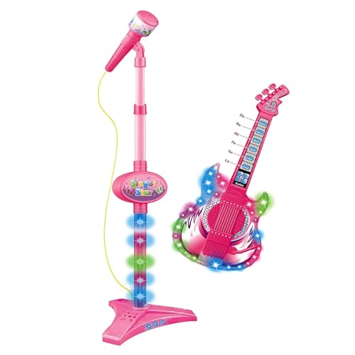 Kids Guitar Set, Musikinstrument, Gitarrenspielzeug, buntes Lichtmikrofon mit verstellbarem Ständer und bunten Lichtern für und Mädchen, zum Lernen von Musik von Générique